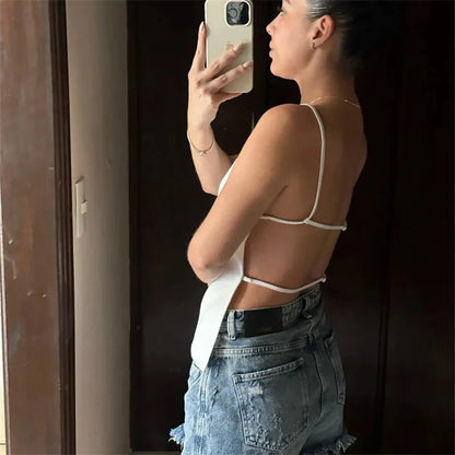 MUJER Black Backless Top Female Sleeveless White Crop Top Women Summer Sexy Tops Woman Party Women's Evening Top With Straps